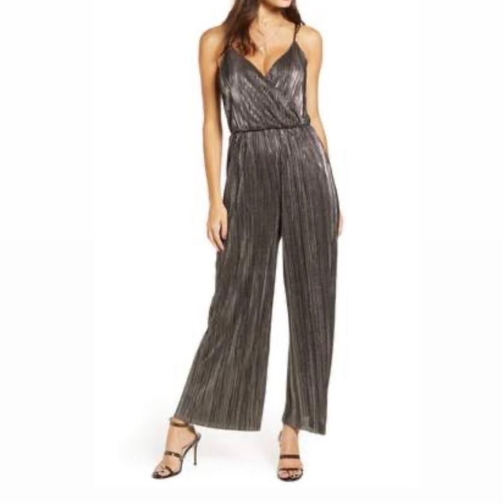 Lush Metallic Jumpsuit Wide Leg Trouser Silver Gold Gunmetal Dressy Size Small - Picture 12 of 12
